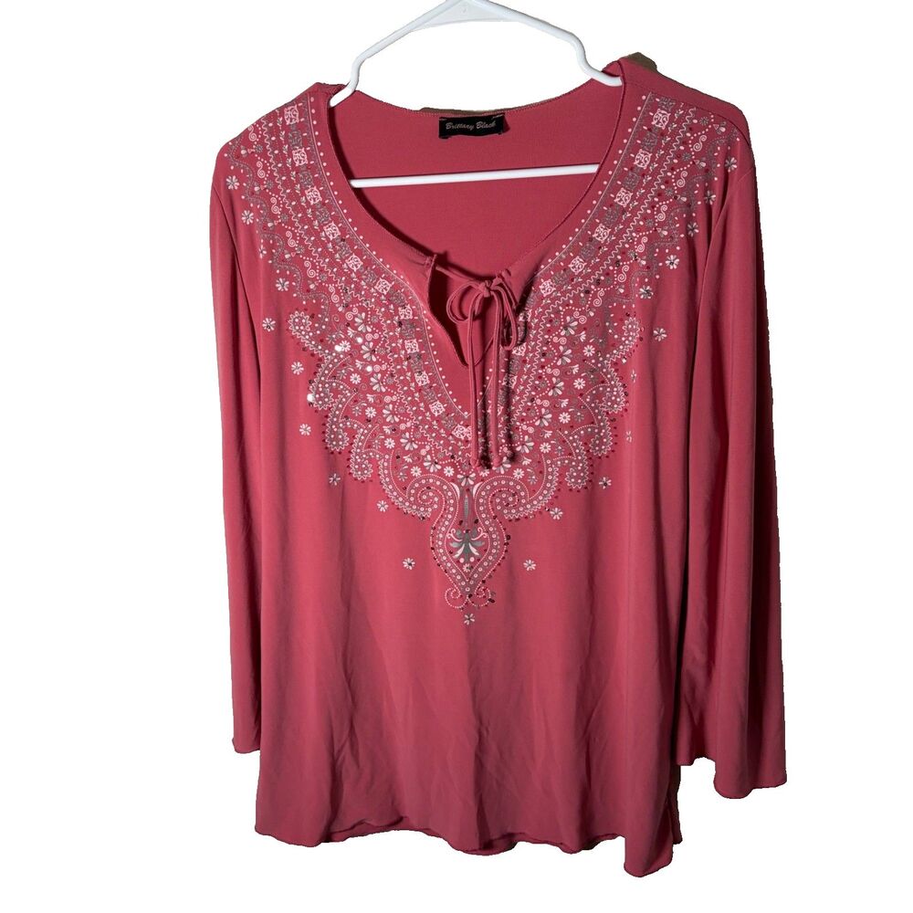 Brittany Black Blouse Women's Large Pink V-Neck Tie Career Rhinestone Top